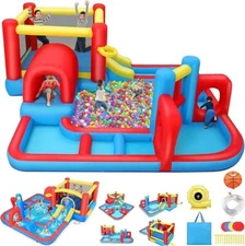10-in-1 Kids Inflatable Obstacle Course Waterslide Park with Splash Pool&Blower