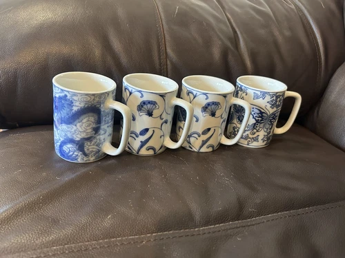 Vintage Blue & White Porcelain Mugs Set Of 4