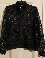 Marina Black Lace Sheer Zip Up Bomber Long Sleeve Jacket
