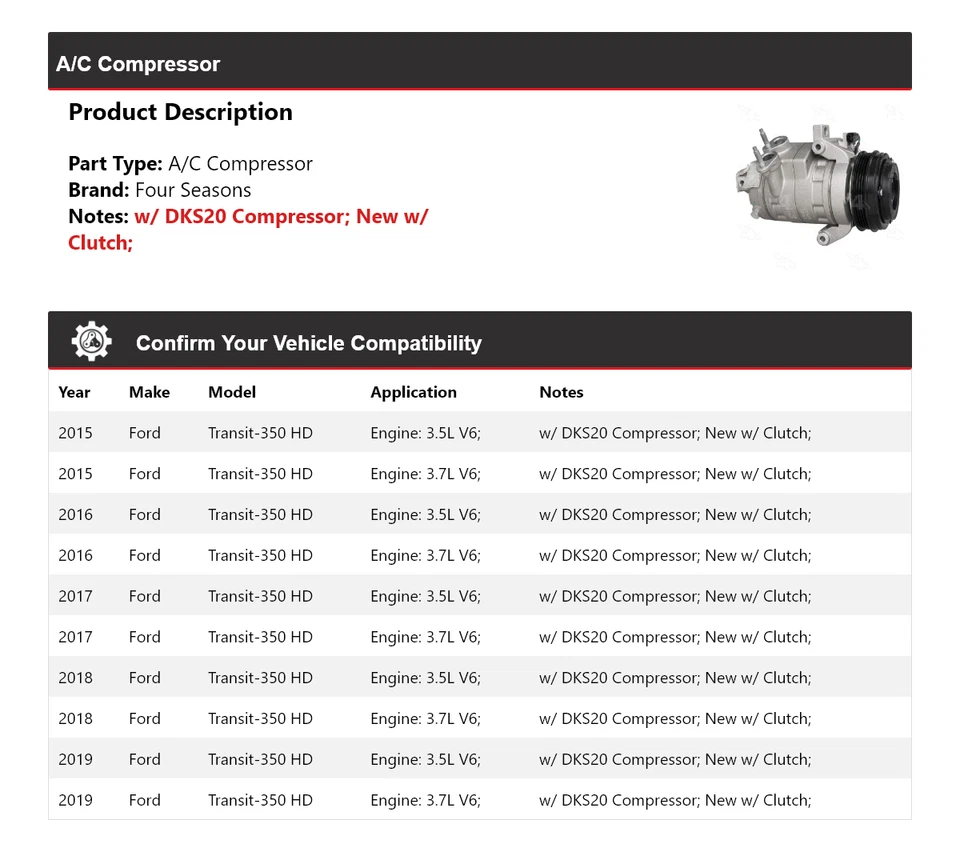Compresor de aire acondicionado Ford Transit-350 HD 2015-2019 4 estaciones 2016 2017 2018 Foto 2 de 4