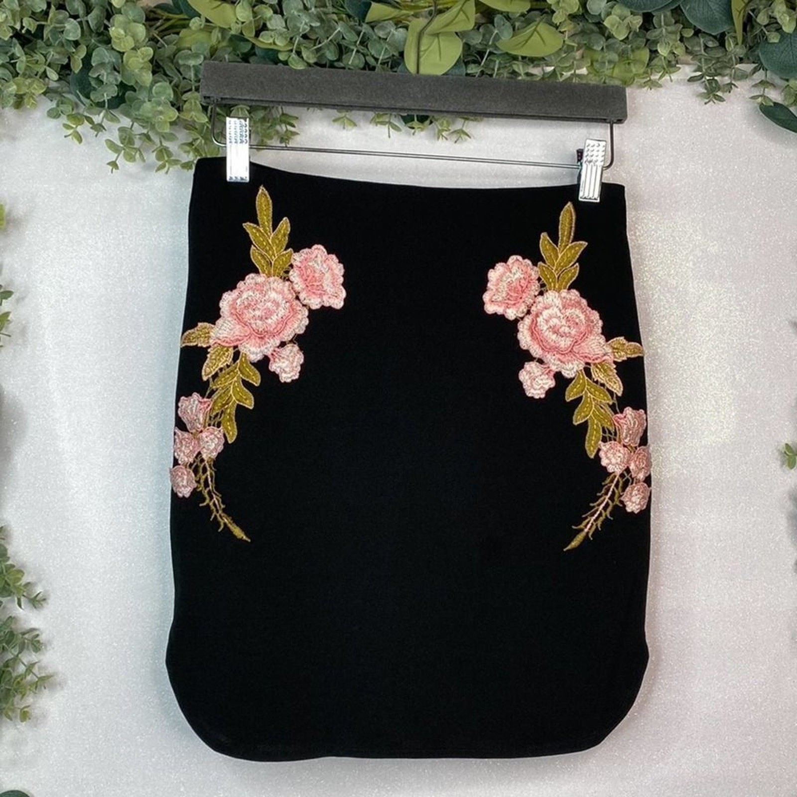 Blue Blush Mini Skirt - Medium Black Roses Floral Embroidery Summer Casual Skirt  