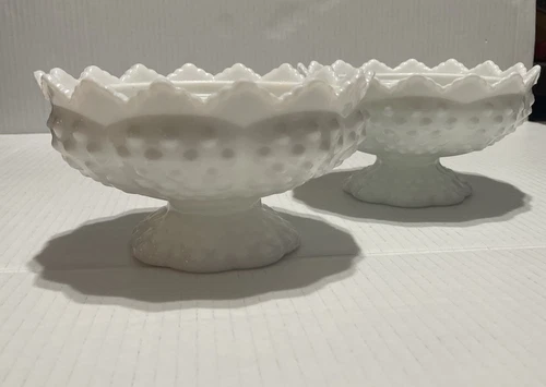 2Vintage Fenton Footed White Milk Glass Hobnail 6 Candle Holder Bowl Centerpiece