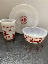1950's VTG HAZEL ATLAS CHILDRENS PRAYER PLATE BOWL GLASS SET RED Milk Glass