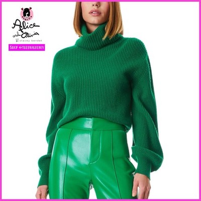 Alice + Olivia Carlynn Wool Cashmere Emerald Green Turtleneck Cropped Sweater M