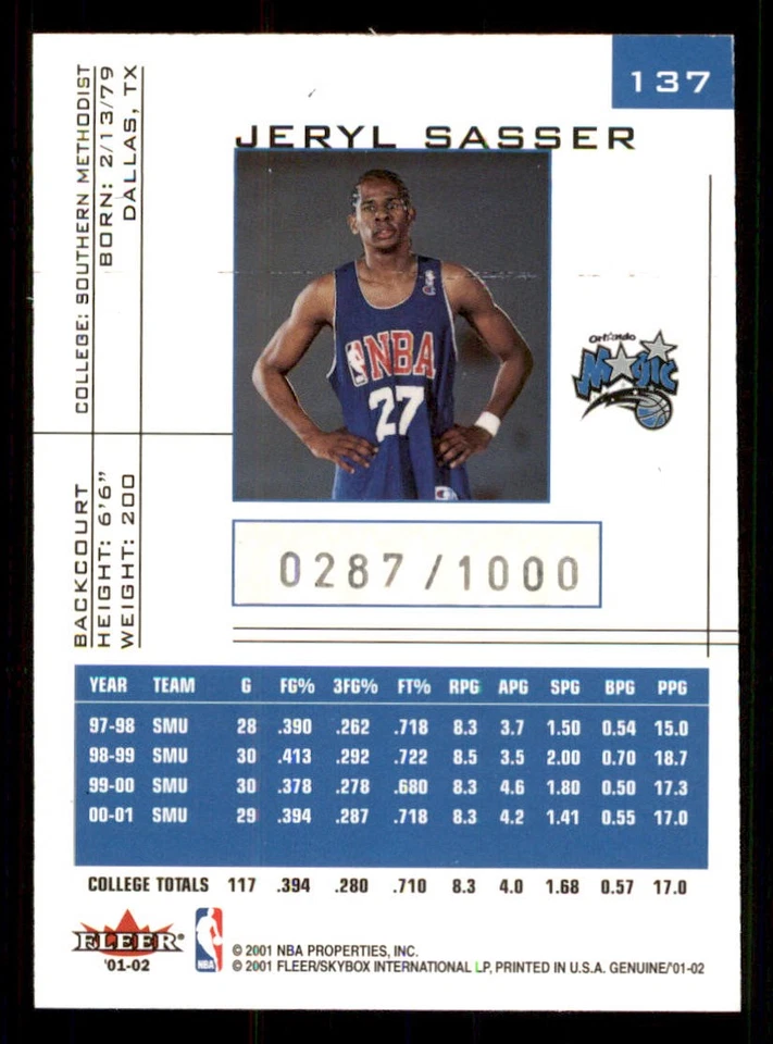 2001-02 Fleer Genuine #137 Jeryl Sasser RC /1000 - Image 2 of 2