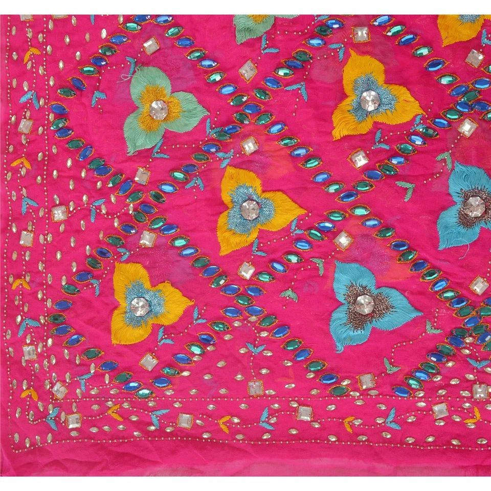 Velo de cuentas a mano de seda georgette pura estola larga Dupatta rosa vintage sánskriti   Foto 3 de 4