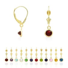 14K Yellow Gold Round Bezel Birthstone Drop Leverback Earrings
