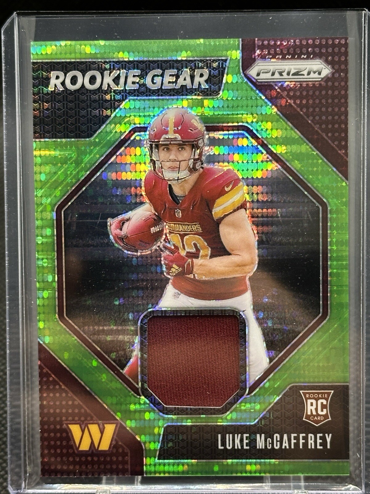 Luke McCaffrey 2024 Panini Prizm #RG-LMY Rookie Gear Neon Green Pulsar Patch