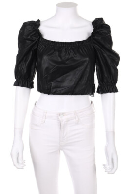 NLY TREND Blouse with 3/4 Sleeve Cropped Faux Leather XS black NEW