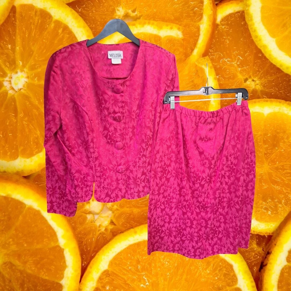 Traje Falda Floral Rosa Melissa Vintage Hecho en EE. UU. Talla 16 Foto 2 de 4