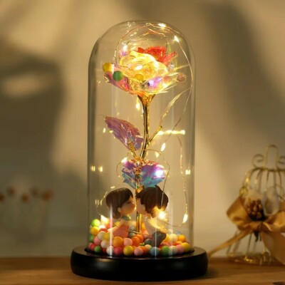 Enchanted Eternal Rose Flower In Glass Dome LED Light Valentine's Day Gift Deco