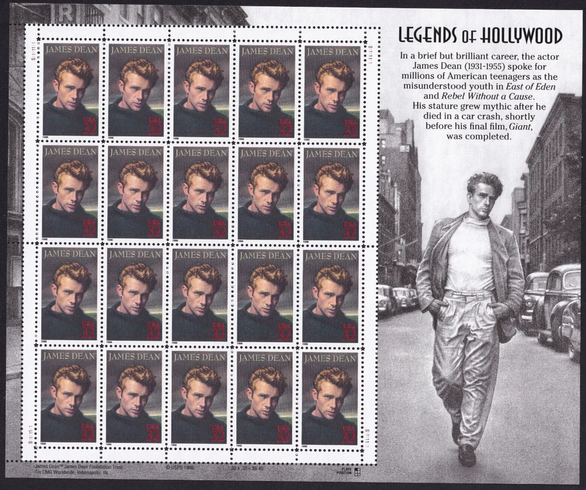 レア　スタンプハリウッドジェームスディーン　140枚分の切手 x 7シート 希少 James Dean Stamp Sheet for sale | eBay