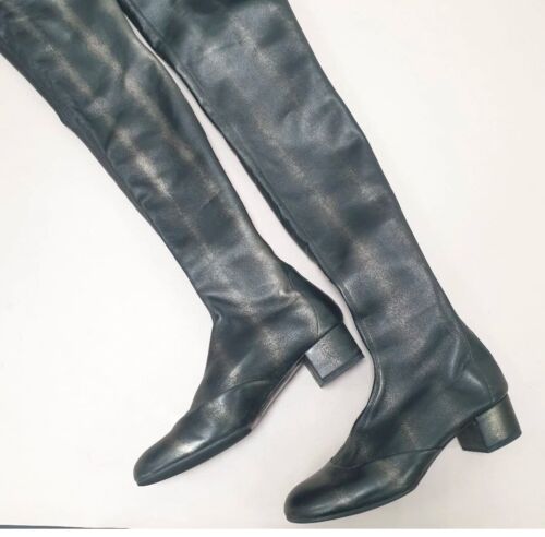 CHANEL Metallic Black Leather CC Thigh High Over The Knee Boots Sz. 41 - 第 1/10 張圖片