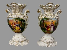 Pair Old Paris Porcelain Courting Scene & Floral Decorated Vases Figural Handles