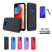 For Motorola Moto G Play 2021, Dual Layer Metallic Brushed Case + Tempered Glass