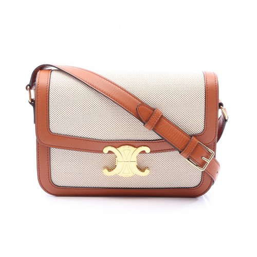 Celine Classic Triomphe Shoulder Bag Beige Brown Canvas Leather 8.7x6.7x2.0 in