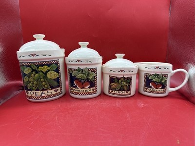 Vtg Susan Winget Canister Set 3 & Creamer Vegetable Themed Certified Int l Corp