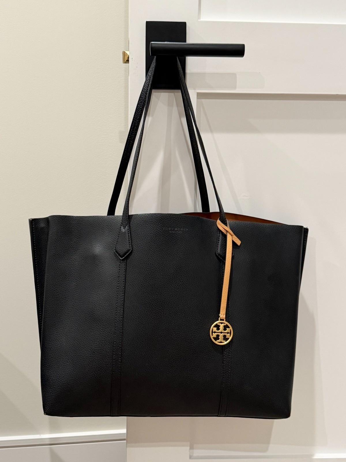 Tory Burch Perry Women's Triple-Compartment Tote - Black exterior, tan interior