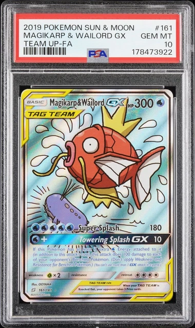 2019 POKEMON SUN & MOON TEAM UP #161 FULL ART/MAGIKARP & WAILORD GX PSA 10