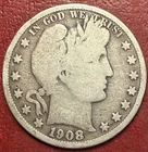 1908 Barber Silver Half Dollar. Free Shipping