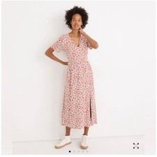 Madewell Clara Midi Dress Falling Daisies Surplice Short Sleeve Orange Sz XXL