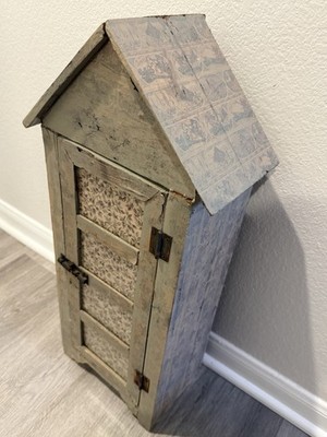 VTG wooden Dollhouse Cabinet Painted With Patterned Wallpaper Accents 