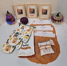 14 Pc Set Lot Autumn Fall Themed Dish Towels Pumpkins Kitchen Decor Frames Mits
