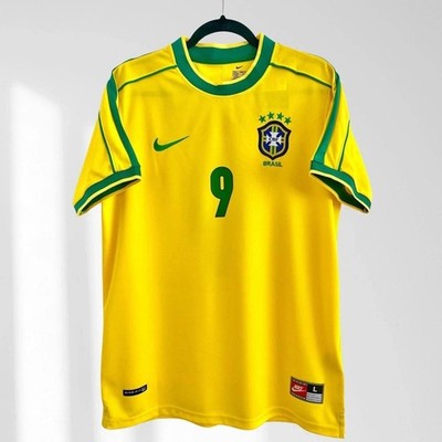 Brazil 1998 Ronaldo #9 Home Yellow & Green Short Sleeve Men Retro
