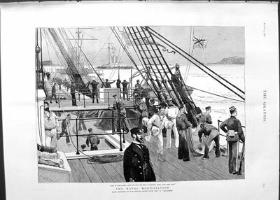 Original alter antiker Druck 1888 Marine Schiffe Matrosen Kriegsszene Marinemobilisation