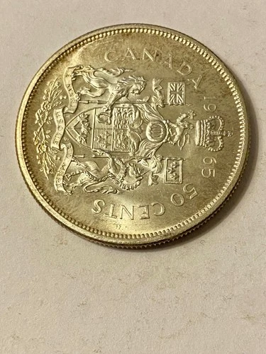 1965 Canadian Fifty 50C Elizabeth II 80% Silver Pristine Arms Crown Very legible