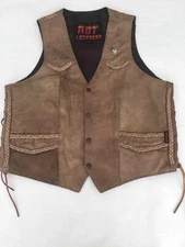 VINTAGE Men's 42 HOT LEATHERS Braided Brown Leather Motorcycle Vest  Adjustable