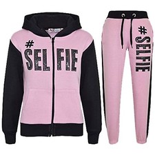 Kids #SELFIE Tracksuit Sequin Embroidered Hoodie Joggers Girls Boys Age 5-13
