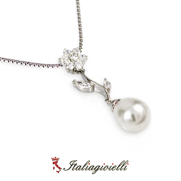 Principesca Collana Brillante Perla in Argento 925 Rodiato Oro Bianco - Immagine 3 di 4
