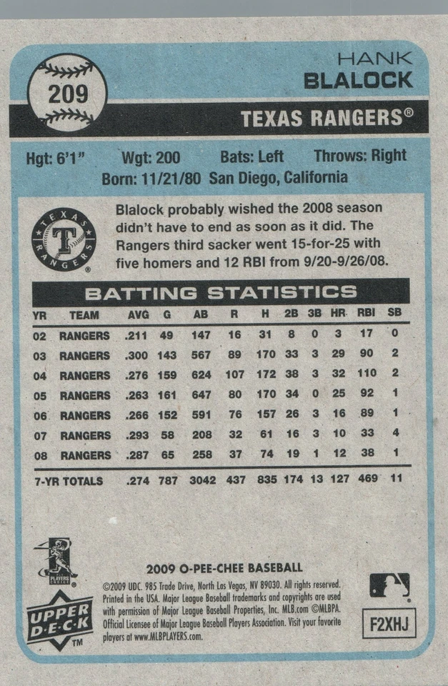 #209 Hank Blalock Texas Rangers 2009 O-PEE-CHEE Baseball Card FAV - Image 2 of 2