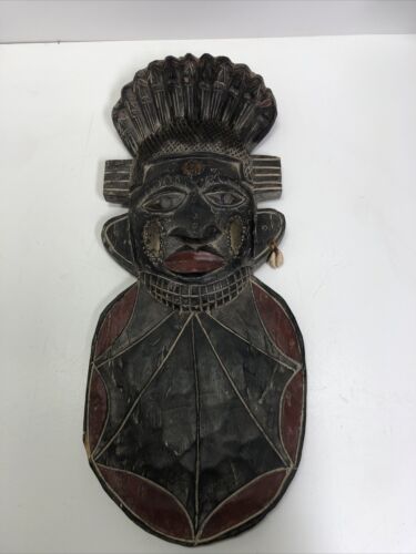 African Ghana Mask Carved Tannish Red Wood Wall Hanger Handmade - Picture 1 of 12