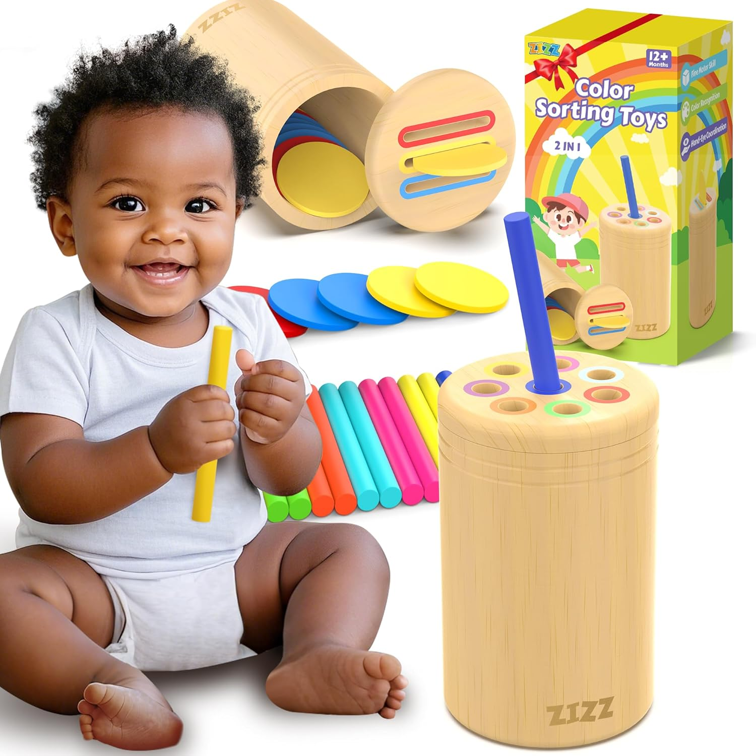 ZIZZ Montessori Toys for 1-3 Years Old - 2 in 1 Wooden Educational Learning Colo