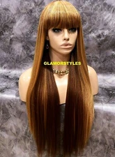 FULL WIG LONG STRAIGHT LAYERED WITH BANGS BROWN AUBURN MIX #F2014 HEAT OK NWT