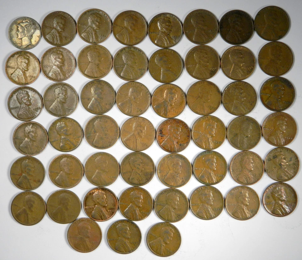 Old US Silver Dime On One End ~ Wheat Penny Lincoln Cent Roll ~ Estate Coins - Image 4 of 4