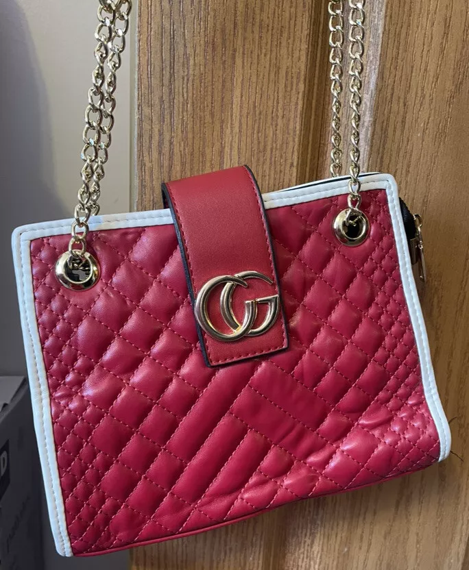 Red quilted leather handbag clearance