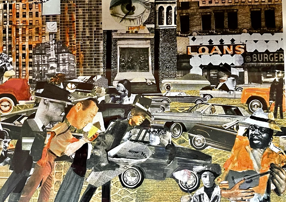 Romare Bearden UPTOWN LOOKING DOWNTOWN 1965 带框艺术印刷品 6"x8" 城市街 — 第 2/4 张图片