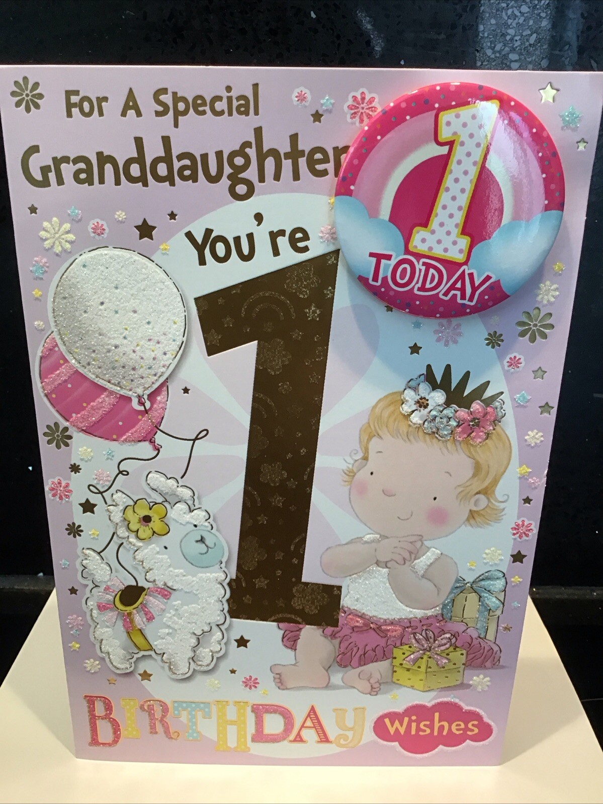 1ST GRANDDAUGHTER 1 BIRTHDAY CARD SAFETY BADGE  9"" X 6""  VERSE AGE 1 ONE FIRST