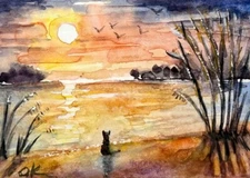 ACEO Original Sunset on the river with a cat and reeds Watercolor 3.5" x 2.5"