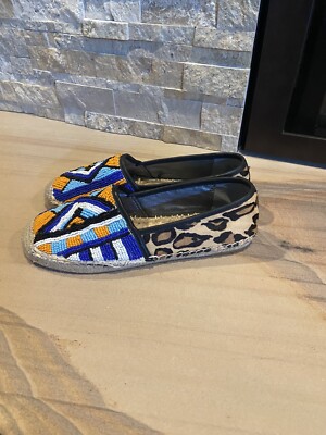 Sam Edelman Beaded Espadrilles Sam Edelman Lida Espadrilles Shoes Beaded  Leopard Real Fur Boho Size M Aztec