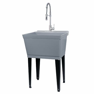 Tehila Utility Sink with High-Arc Stainless Finish Coil Pull-Down Faucet 19 Gall