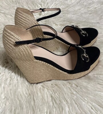 Gucci Black Suede Horsebit Wedge Espadrille Platform Sandals Size