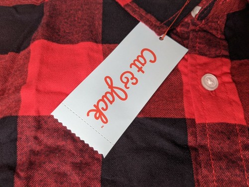 Cat & Jack red black buffalo checker plaid button up shirt long sl Youth XXL 18 - Picture 3 of 11