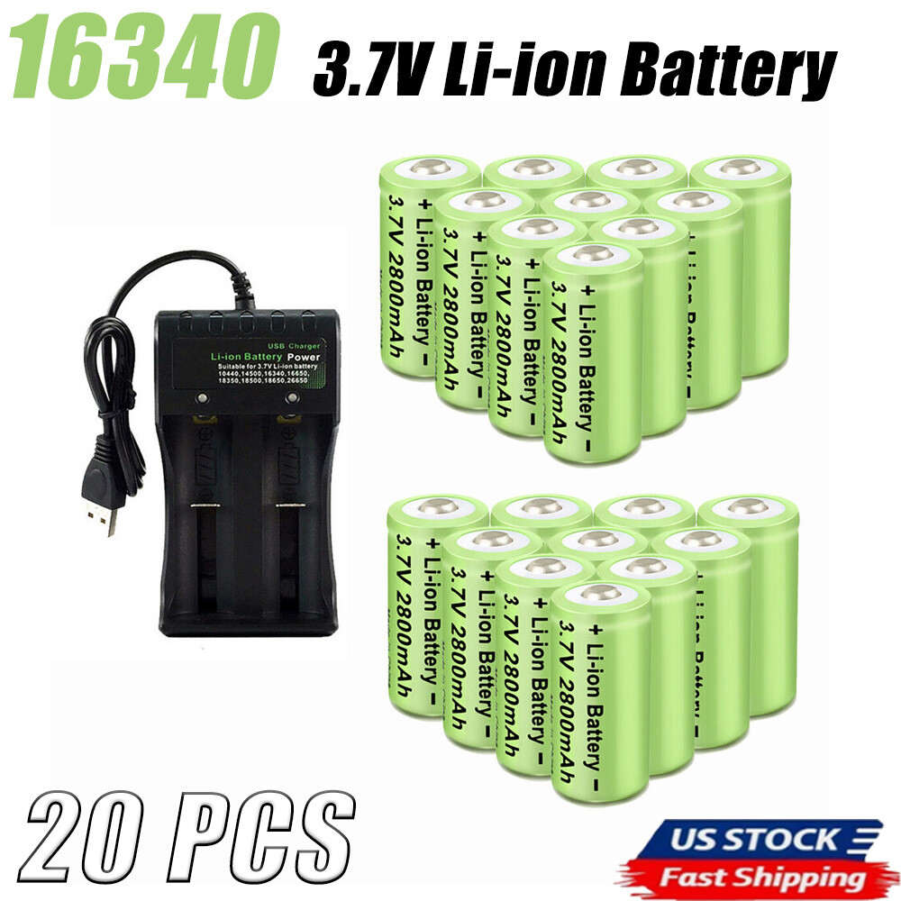 20PCS CR123A 16340 Batteries 3.7V Rechargeable Li-ion Battery / 2Slot Charger