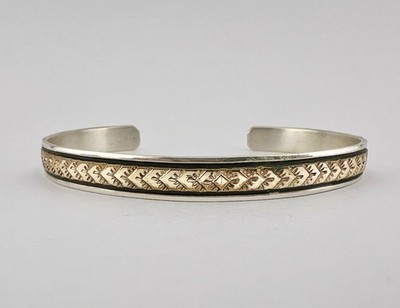 Vintage Navajo Sterling Silver & Gold Filled Stamped Overlay Cuff Bracelet