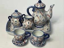 Porcelain Toy Tea Set 10 Pc Pink/Blue Hand Painted Teapot Cream Sugar Cups Tray