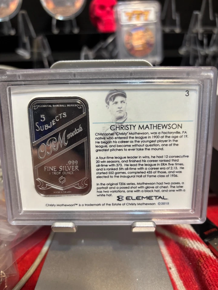 Barra de plata Christy Mathewson Elemetal T206 Greats .999 1 OZ 346/1909 Foto 2 de 2